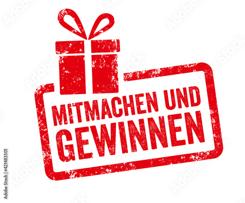 Red stamp with gift icon  - Enter to win in german - Mitmachen und gewinnen