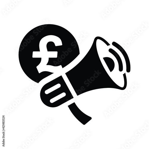 Pound sterling, Bullhorn, advertisement icon. Black vector graphics.