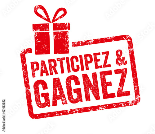 Red stamp with gift icon  - Enter to win in french - Participez et gagnez photo