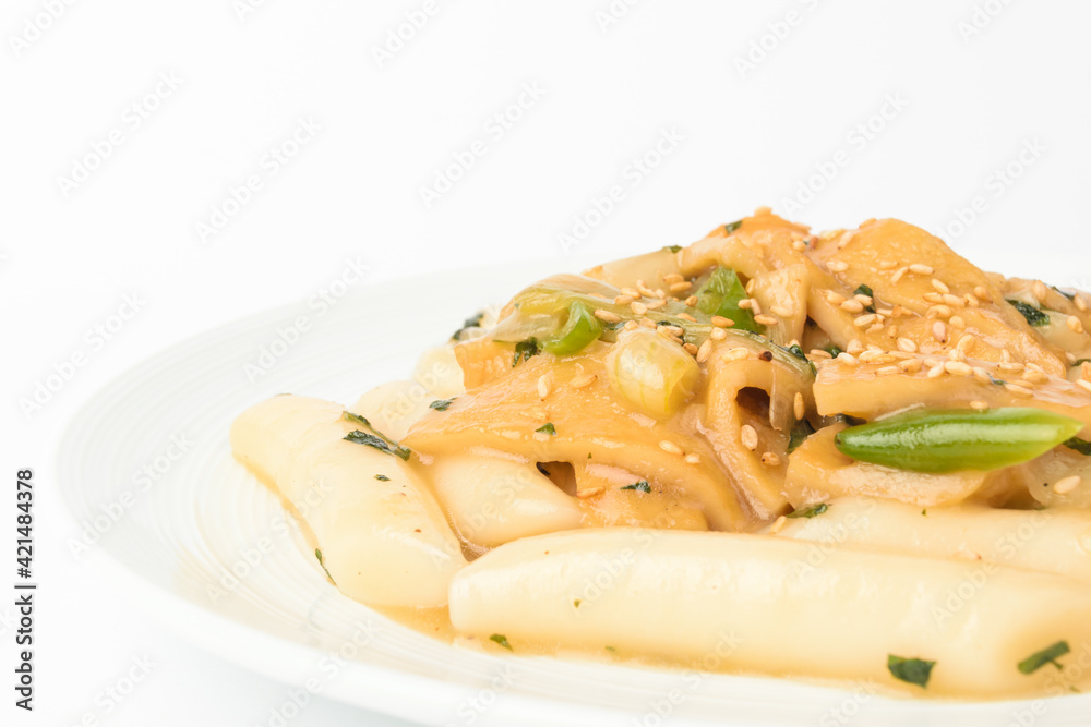 Soy Sauce Tteokbokki on White Background Soy Sauce Tteokbokki on White Background