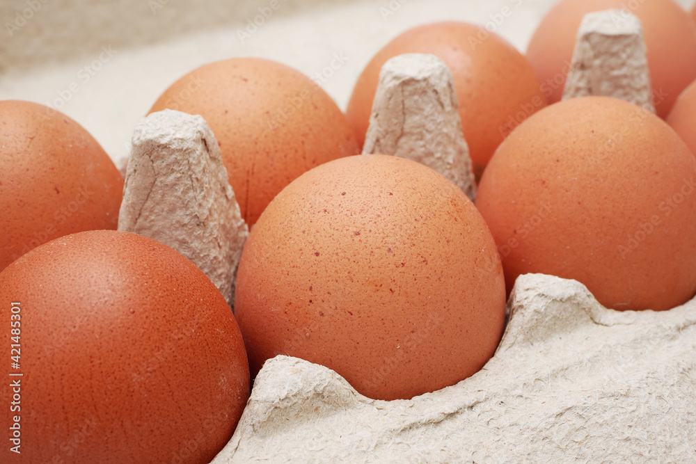 Closeup of brown eggs. Macro of eggs in container. Closeup of brown eggs. Macro of eggs in container.
