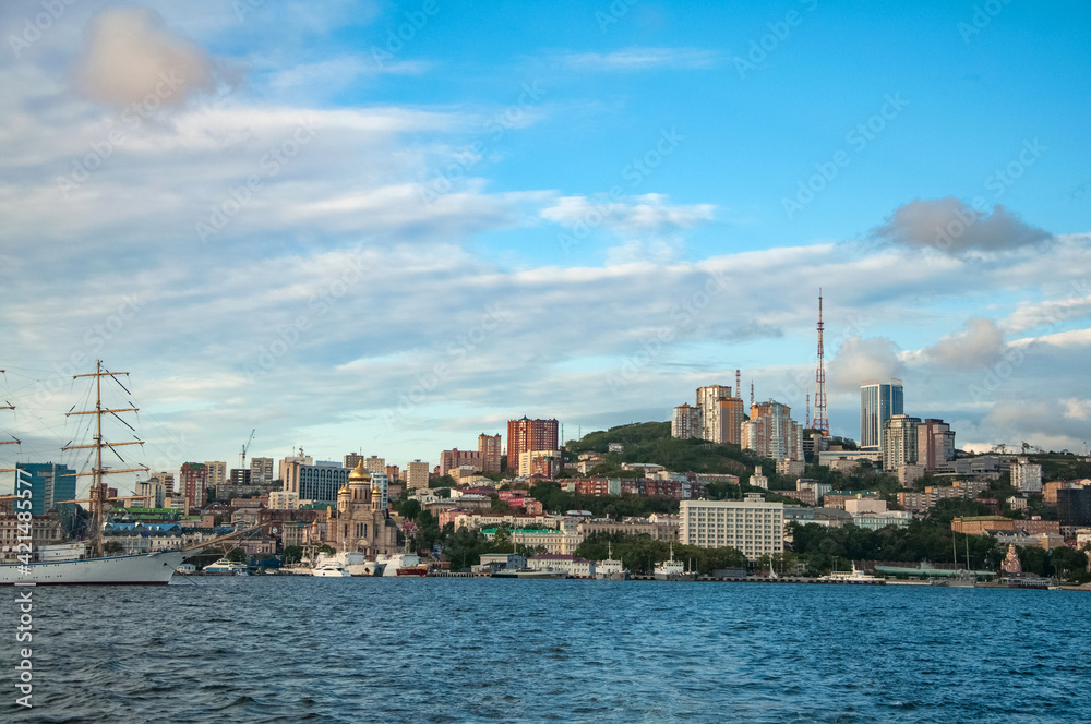 Cityscape panorama of Vladivostok with Sea of Japan on the foreground. Russian nature and tourism