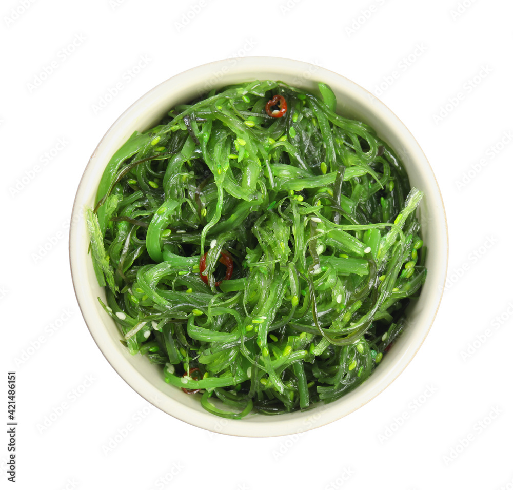 Japanese seaweed salad in bowl isolated on white, top view Japanese seaweed salad in bowl isolated on white, top view