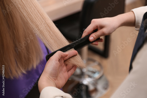 Stylist working with client in salon, closeup. Making haircut
