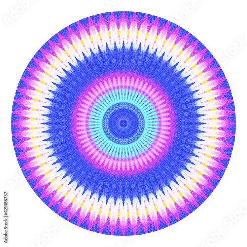 Creative multicolored points round symbol. Abstract symmetrical logo. Mosaic colorful beautiful beads. Circle dots modern pixel floral art icon. Colored pattern ornament wheel decorative illustration.