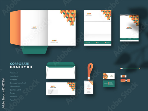 Corporate Identity Kit Including As Folder A4, Letterhead, Identity Card, Envelope, Pen Drive On Teal Background.