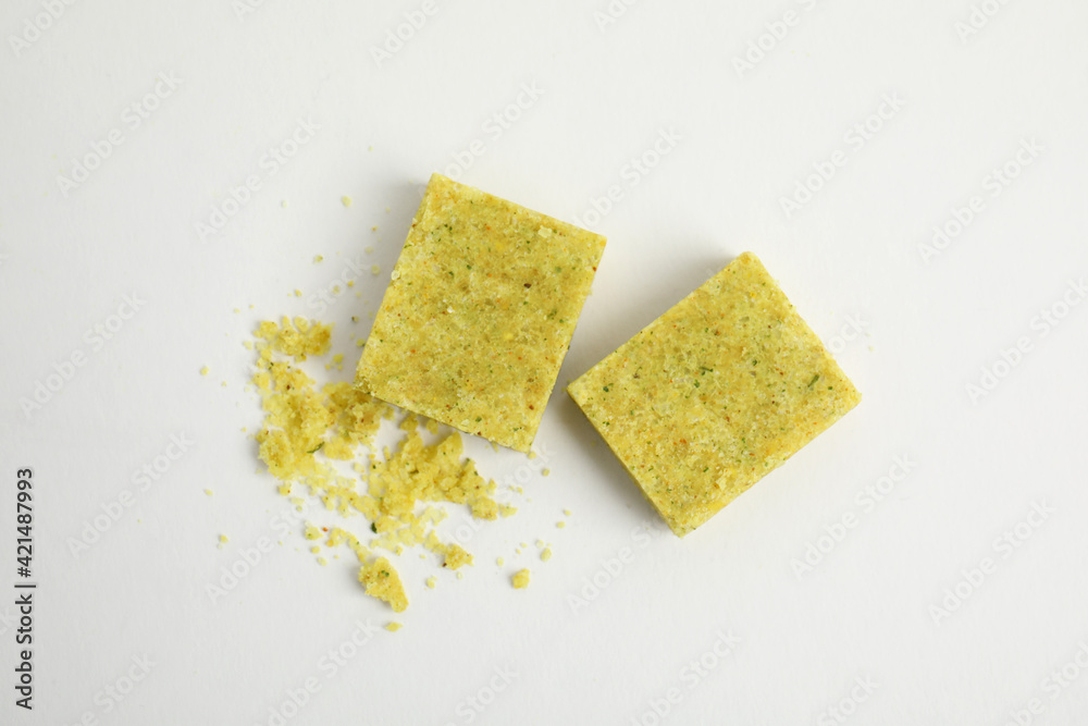 Bouillon cubes on white background, top view Bouillon cubes on white background, top view