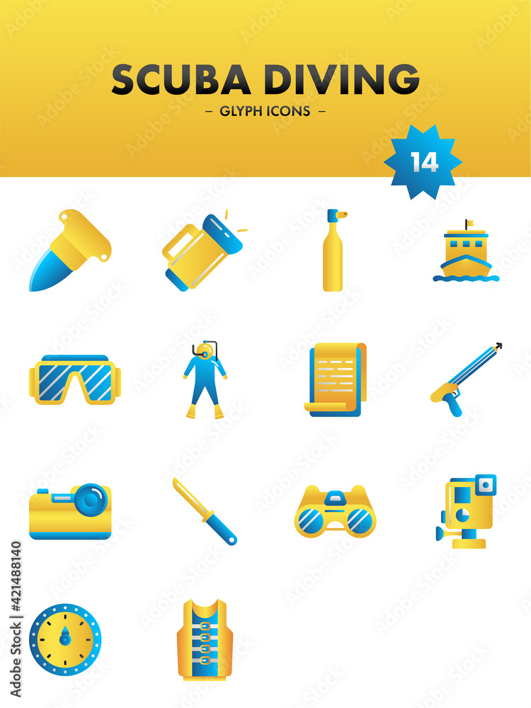 Scuba Diving Icon Set In Blue And Yellow Color. Scuba Diving Icon Set In Blue And Yellow Color.