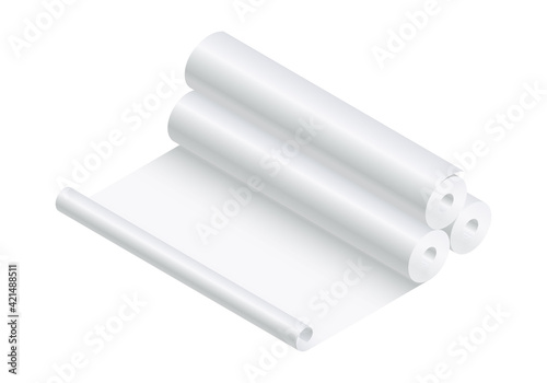 Isometric vector illustration blank paper rolls mock up isolated on white background. Realistic paper rolls or fabric rolls icon in flat cartoon style. White textile or paper rolls mockup template.