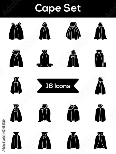 Illustration of B&W Cape Icon Set in Flat Style.