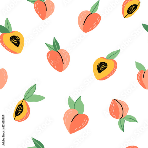 Fototapeta Naklejka Na Ścianę i Meble -  Cute hand-drawn peach fruit seamless pattern.Cartoon isolated illustration for textile, fabric, wrapping paper and other