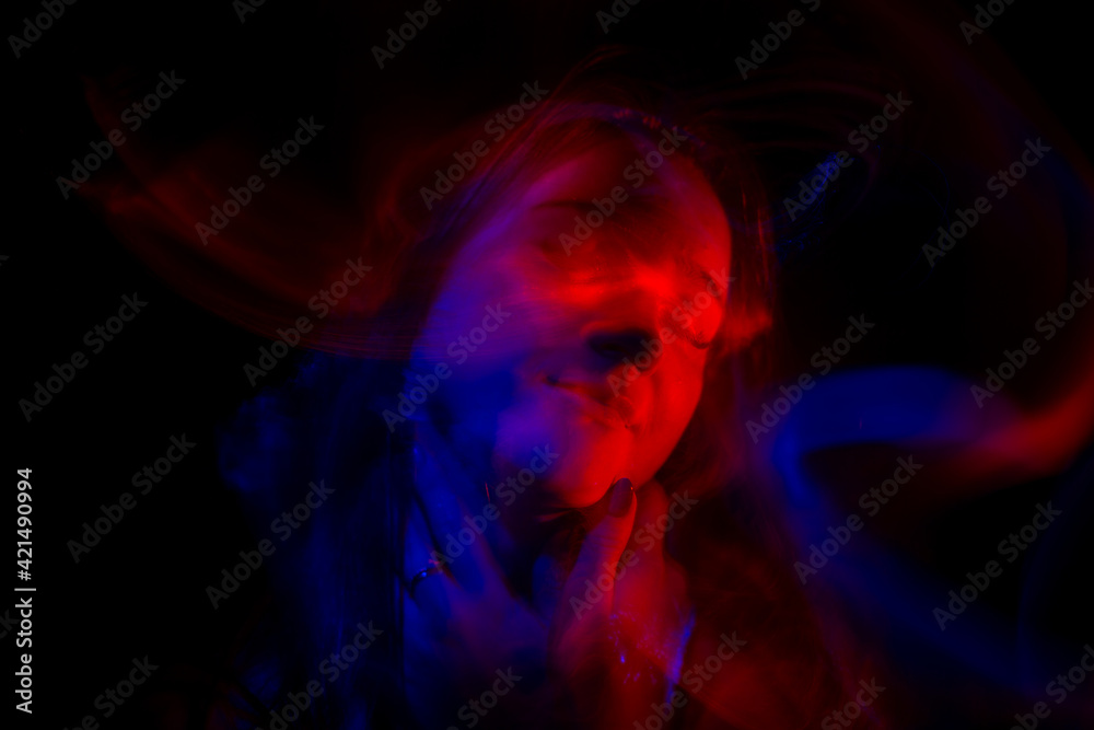 Multicolor abstract portrait of young woman on subject of creativity, imagination and art.