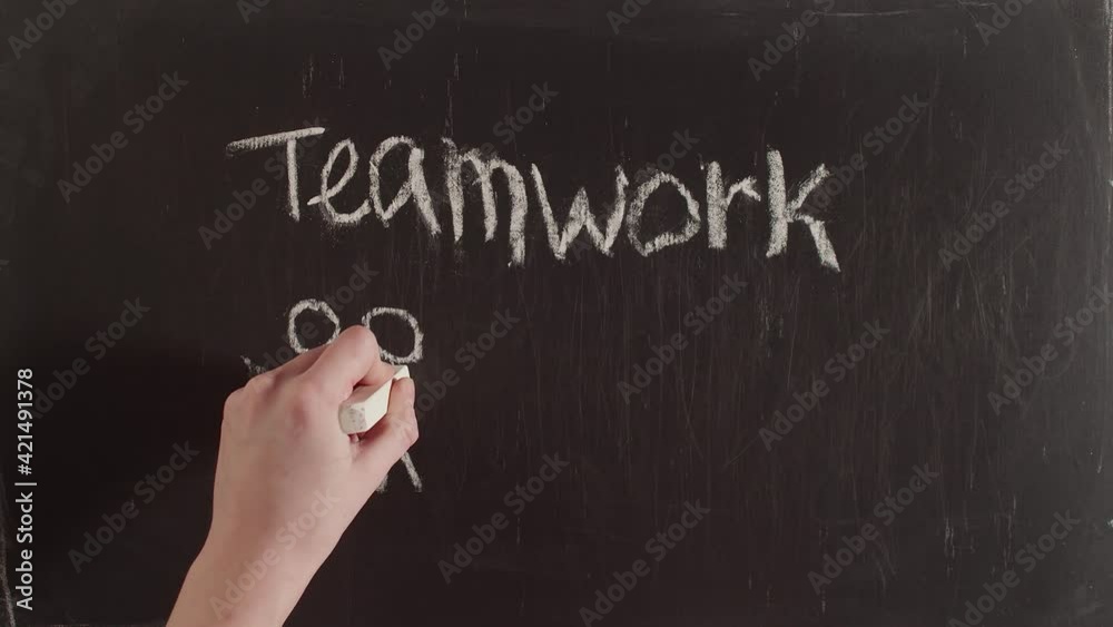 Word teamwork is written with hand on a chalkboard and people drawn, timelapse. On the blackboard are drawn men and the phrase teamwork.