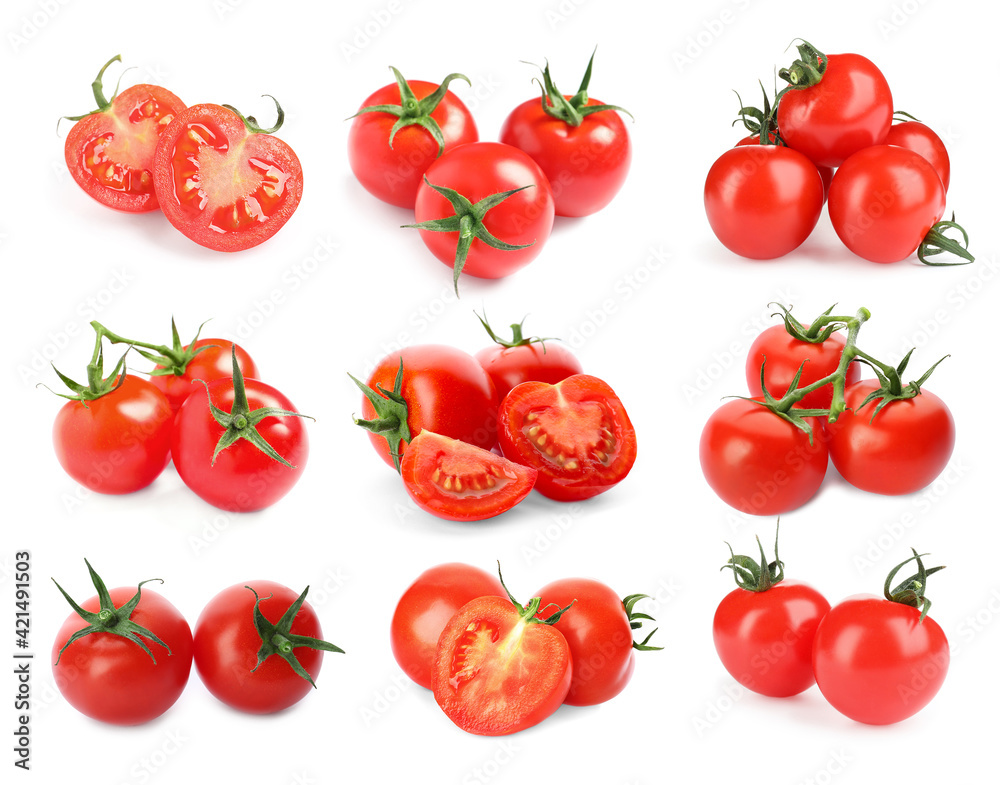 Set with fresh organic cherry tomatoes on white background Set with fresh organic cherry tomatoes on white background