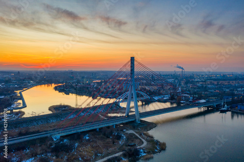 Cable-stayed bridge on the Vistula river in Gdansk at sunrise. Poland