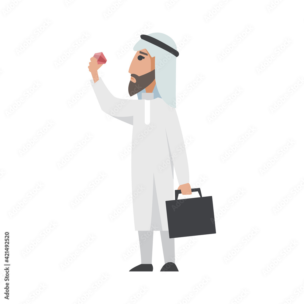 Successful Arab man in white clothes. cartoon smiling Islamic businessman dressed in traditional clothes. Elegant businessman. man with diamond and black bag Successful Arab man in white clothes. cartoon smiling Islamic businessman dressed in traditional clothes. Elegant businessman. man with diamond and black bag