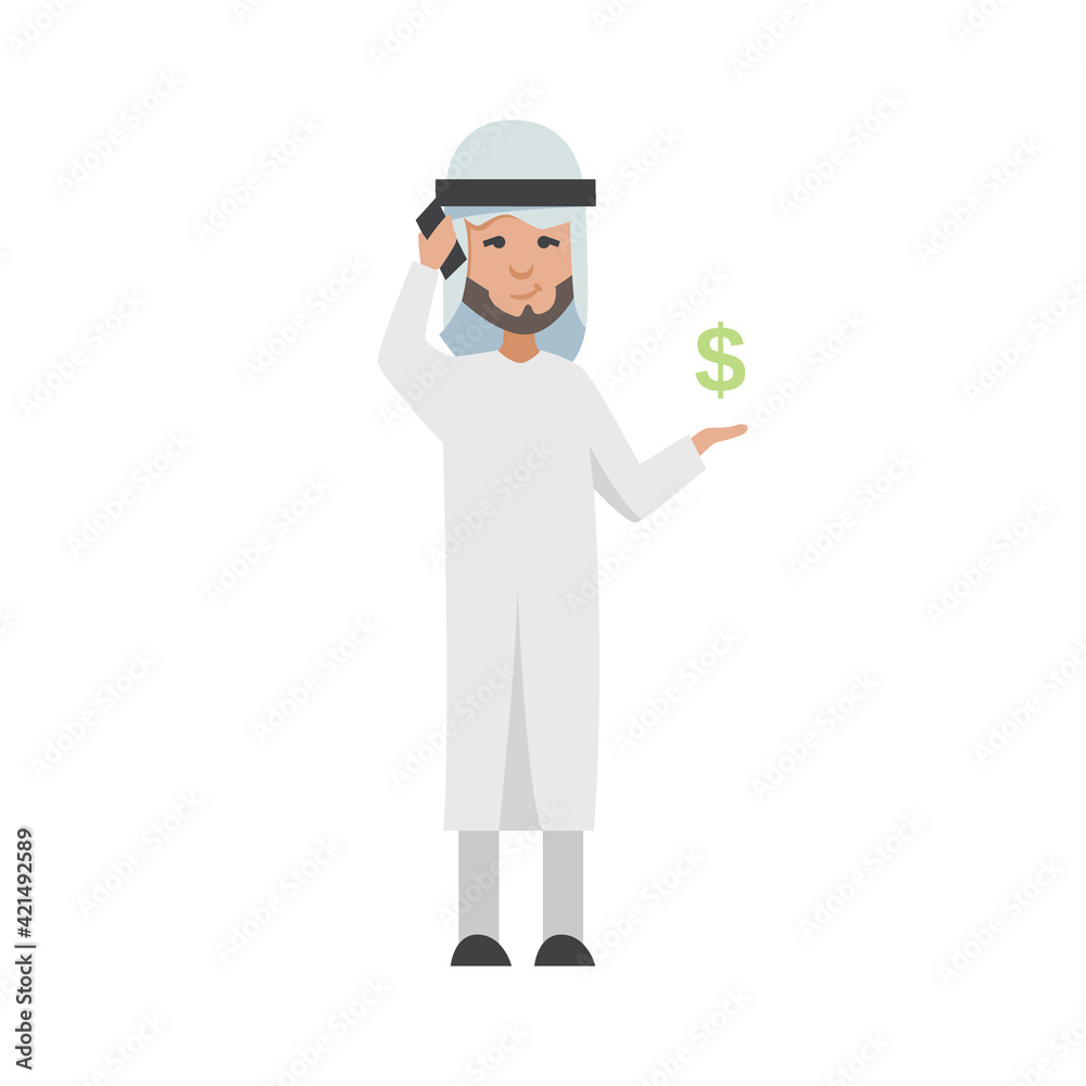 Successful Arab man in white clothes. cartoon smiling Islamic businessman dressed in traditional clothes. man with charts, animal, bag, smartphone, gold-silver, diamond, dollar, euro Successful Arab man in white clothes. cartoon smiling Islamic businessman dressed in traditional clothes. man with charts, animal, bag, smartphone, gold-silver, diamond, dollar, euro