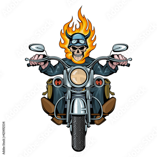 Burning Skull. Evil person. Skull Biker Sits On A Bike. Skull riding a motorcycle. Tattoo. Biker party. Vector graphics to design