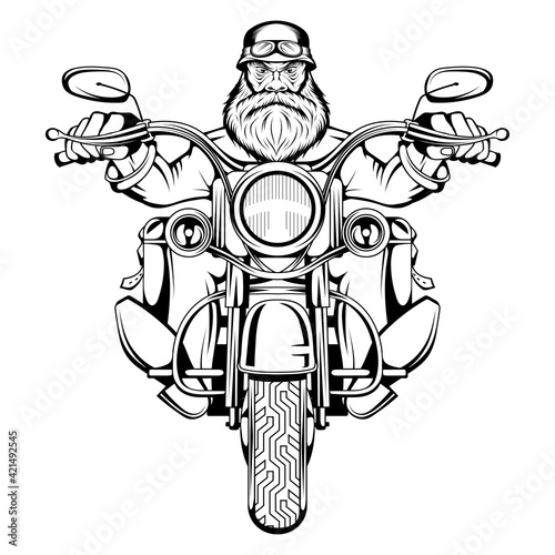Biker Man Sits On A Bike. Man riding a motorcycle. Bearded biker man. Tattoo. Biker party. Male face with the scar. Evil person. Vector graphics to design