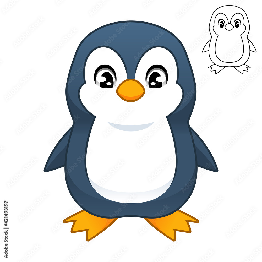 Obraz premium Cute Adorable Baby Penguin with Line Art Drawing, Animal Birds, Vector Character Illustration Mascot Logo in Isolated White Background.