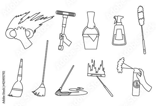  of Domestic housework. Household Cleaning Equipments. Cleaning kit. A set of colorful icon collection isolated on white background. Sketch style