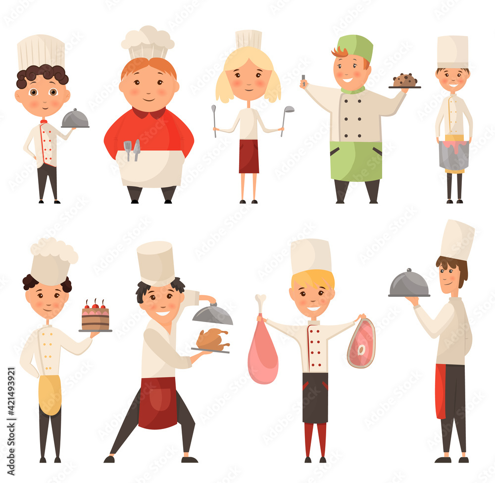 Collection of different Cook Chef. Child in a cook cap holding dish with food. Logo design template for baby food. Character child chef profession, waiter and baker, confectioner illustration Collection of different Cook Chef. Child in a cook cap holding dish with food. Logo design template for baby food. Character child chef profession, waiter and baker, confectioner illustration