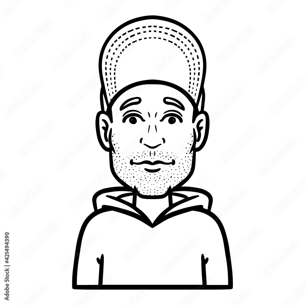 Man with three-day beard and baseball cap. monochrome, avatar, comic.