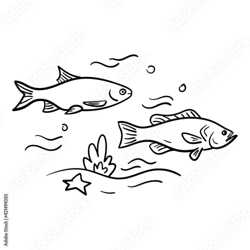 fish in the sea. hand drawn illustration, monochrome.