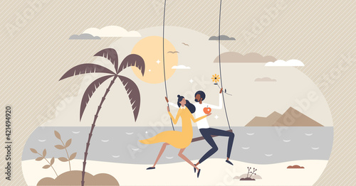 Honeymoon as couple date in romantic and happy holiday vacation tiny person