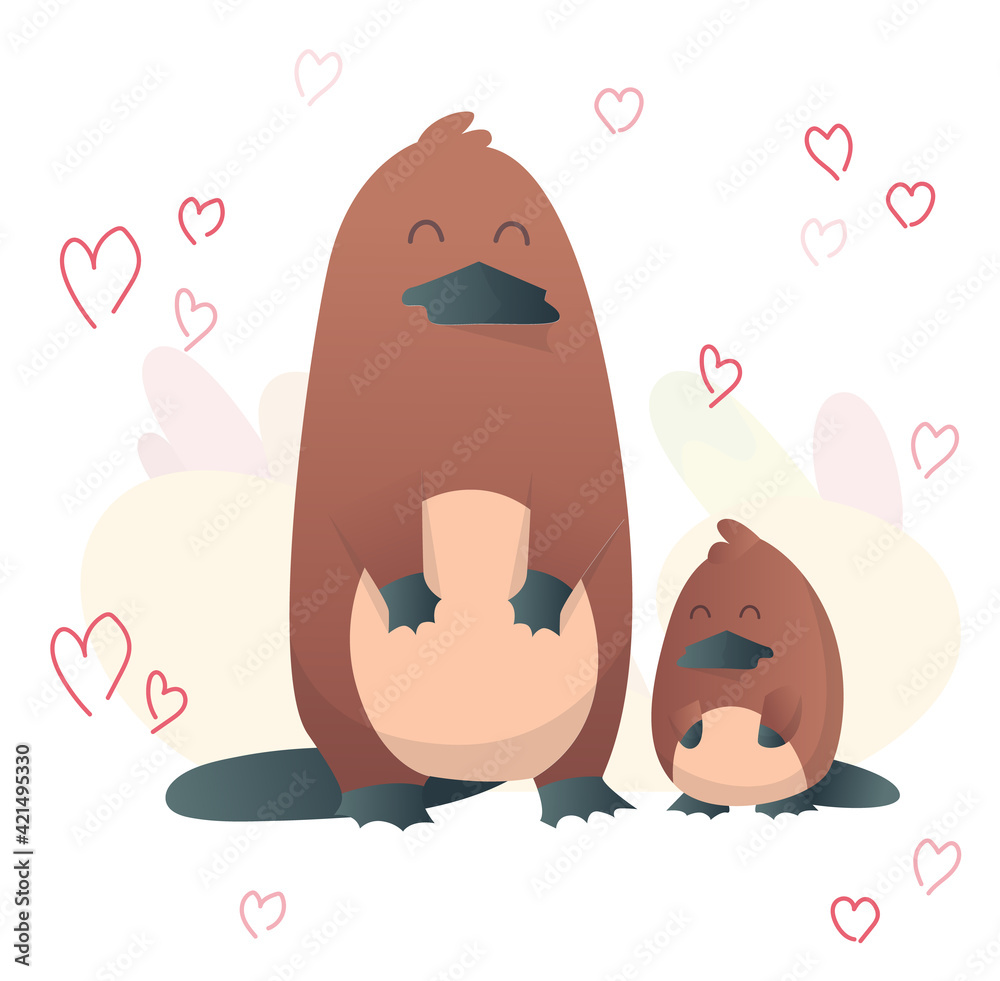 Obraz premium Two platypus stand upright. Animals mom and baby. Cartoons cute animals in flat style. Print for clothes. illustration
