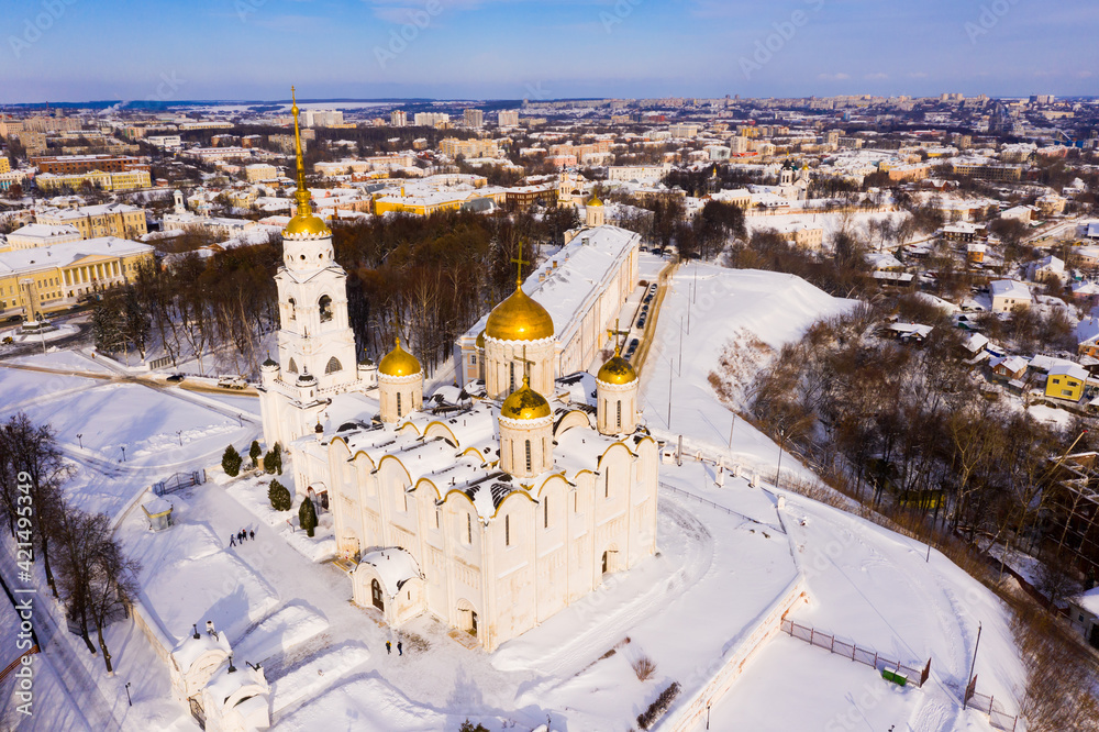 Fototapeta premium Aerial view of Assumption Cathedral and residental quarters in winter in the city of Vladimir, Russia.