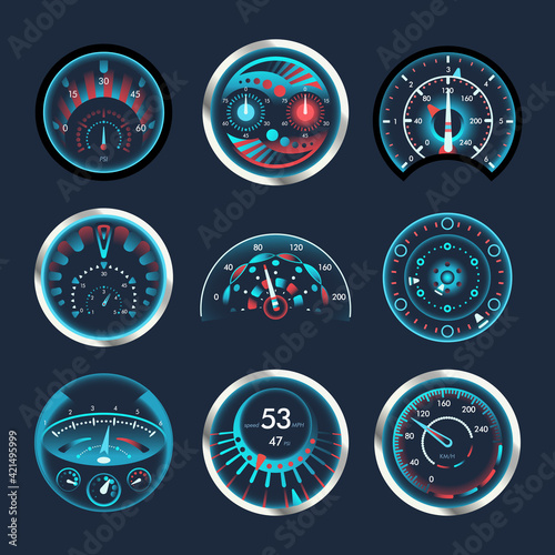 Set of isolated speedometers for dashboard. Analog and digatal devices for measuring speed and futuristic speedometer, technology gauge with arrow or pointer for vehicle panel, web download speed sign