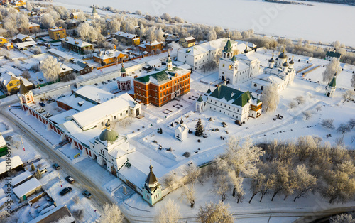 Aerial view of Spaso-Preobrazhensky monastery near the river in Murom winter, Russia.