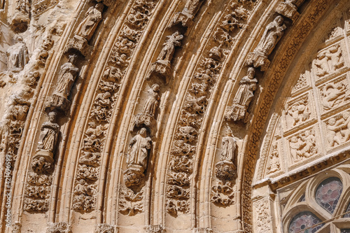 Decorative sculptures in the "Puerta del Obispo" of the Cathedral of Palencia. Historic-artistic monument of Gothic style