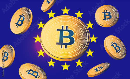 Bitcoin in the E.U - Bitcoins flying in front of the European Union flag. Vector illustration.