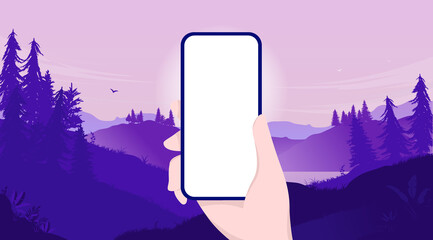 Papier peint photo Pourpre Mockup of hand holding phone with blank screen and landscape background. Template for you own app design. Vector illustration.  © Knut