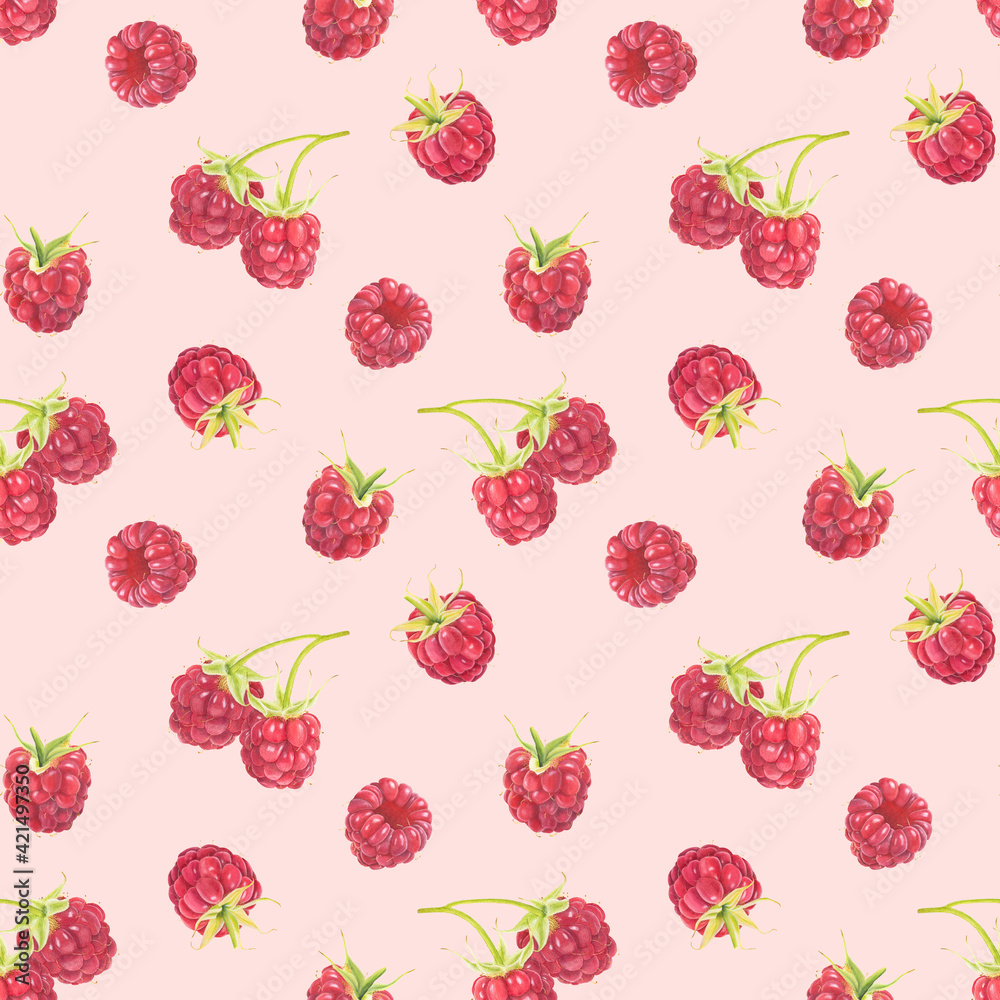 Seamless pattern with watercolor raspberries isolated on pink background. Seamless pattern with watercolor raspberries isolated on pink background.