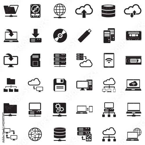 Data Storage Icons. Black Flat Design. Vector Illustration.