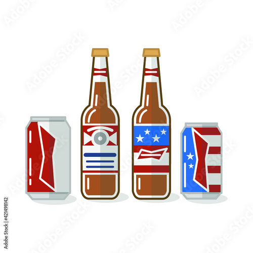 Vector illustration of alcohol drinks and glass on white background. Beer bottles, canes and beer glasses. 