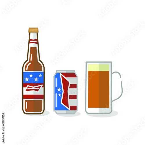 Vector illustration of alcohol drinks and glass on white background. Beer bottles, canes and beer glasses. 
