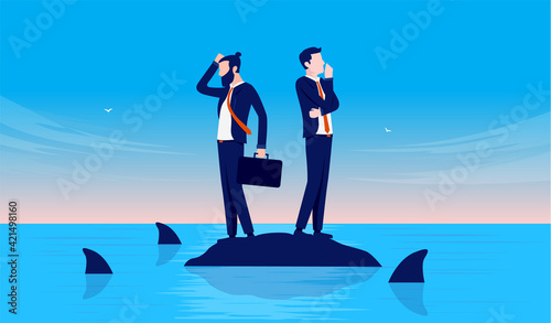 Businesspeople in trouble - Two businessmen trying get out of dangerous situation. Solving business problems concept. Vector illustration.