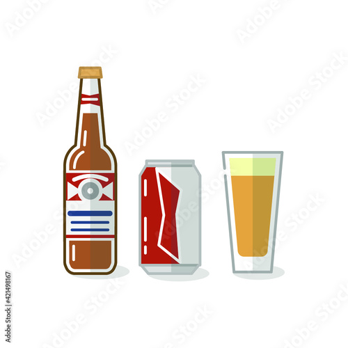 Vector illustration of alcohol drinks and glass on white background. Beer bottles, canes and beer glasses. 