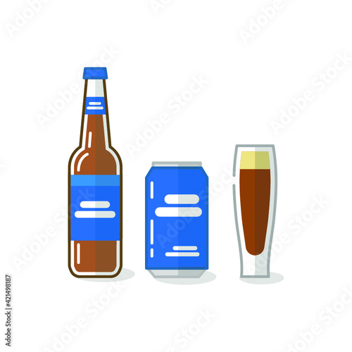 Vector illustration of alcohol drinks and glass on white background. Beer bottles, canes and beer glasses. 