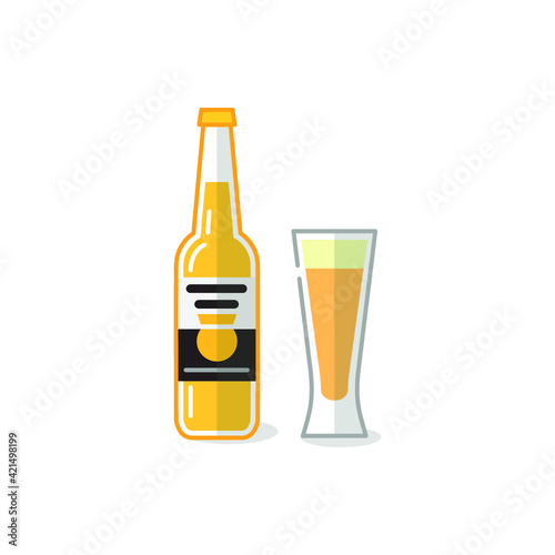 Vector illustration of alcohol drinks and glass on white background. Beer bottles, canes and beer glasses. 