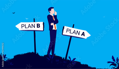 Businessman trying to decide between two alternatives. Business choice and dilemma concept. Vector illustration.