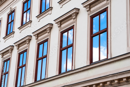 Photography Reflection Of Blue Sky In Glass Windows Of Historic Building In Vienna