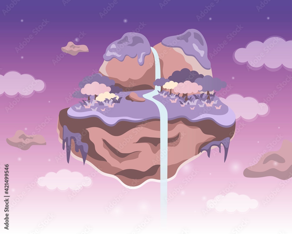 Magical waterfall and mountain in the pink sky Magical waterfall and mountain in the pink sky