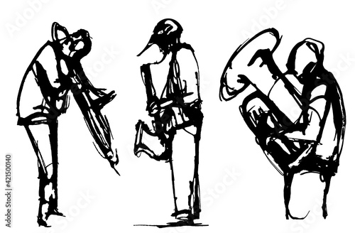 Ink image of 3 musicians playing thesaxophon