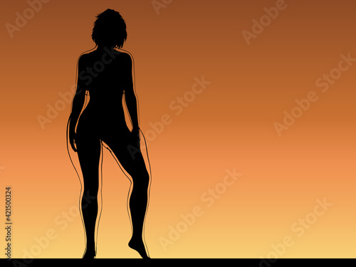 Vector conceptual fat overweight obese female vs slim fit healthy body after weight loss or diet with muscles thin young woman over sunset. Fitness, nutrition or fatness obesity, health shape
