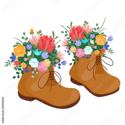 Vector illustration spring boots on laces with blooming bouquet spring flowers, cotton on white isolated background. Spring symbol flat style.